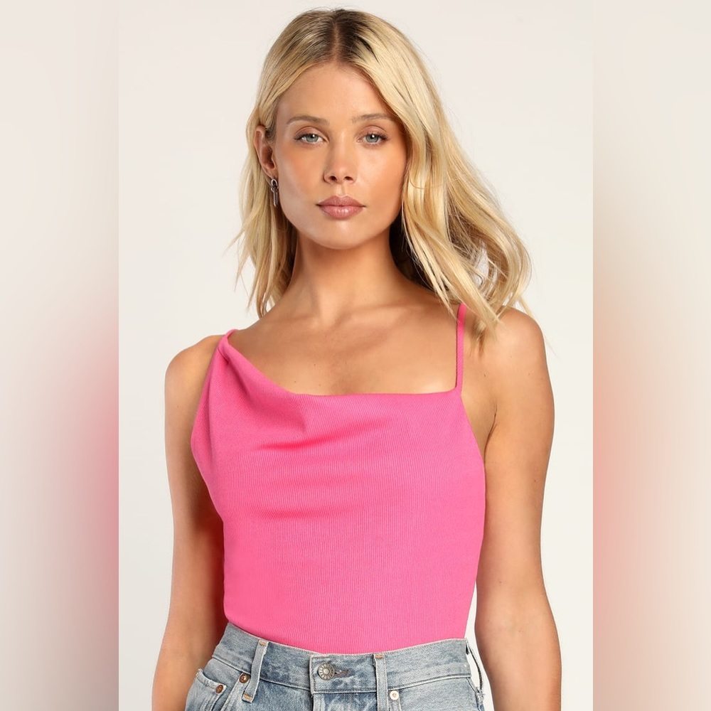 Eye-Catching Cutie Hot Pink Asymmetrical Cowl Neck Bodysuit